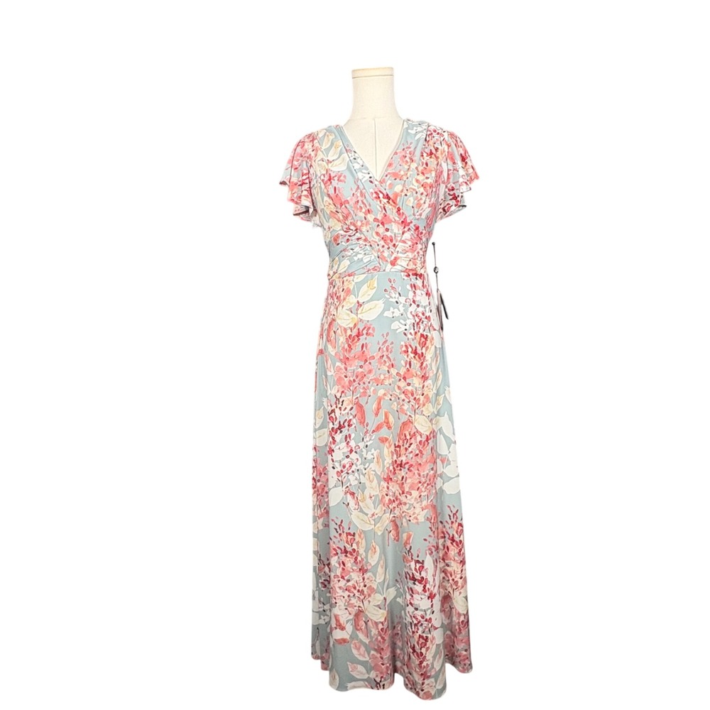 Adrianna Papell Floral Midi Dress Aqua Multi Flutter Sleeve V-Neck Womens Size 2